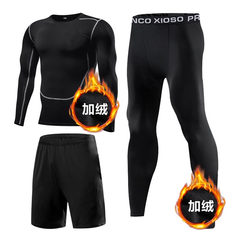 Generic Fitness Running Equipment Clothes Mens Quick-drying Basketball High-elastic Tight Short-sleeved Training Room Summer Ice Silk Sports suit Elite three-piece fleece-lined (suitable for below 10 ℃)