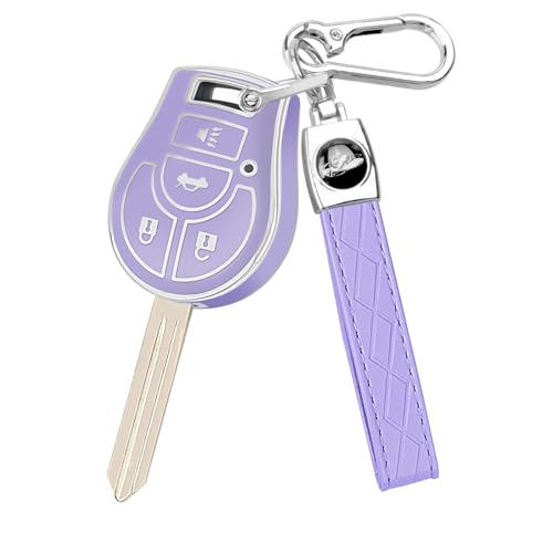 FT FUNTOR for Nissan Key Fob CoverTPU 360Full CoverageFit for Rogue Sentra Altima Versa Armada Cube NV Infiniti FX35 Key Car Accessories Holder Purple Silver Border - Image 1