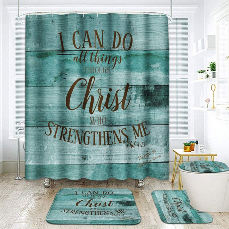 ArtSocket I Can Do All Thing Bathroom Set with Shower Curtain and Rugs Accessories Rustic Wooden Pattern Green Shower Curtain Vintage Bright Retro Bathroom Decor 4 Pcs