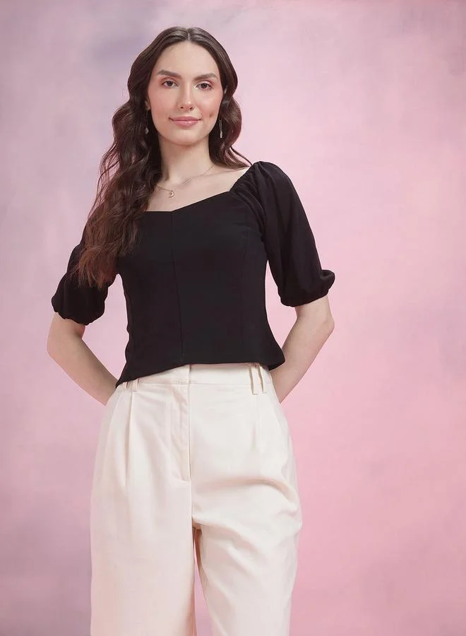Dressberry Black Short Sleeve Sweetheart Neck Crop Top