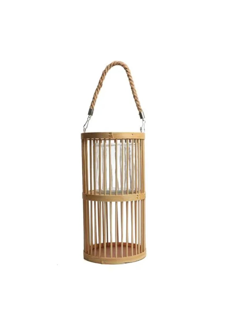 Koopman Bamboo Tall Lantern with Rope Handle Beige 16 x 30cm NB1407300