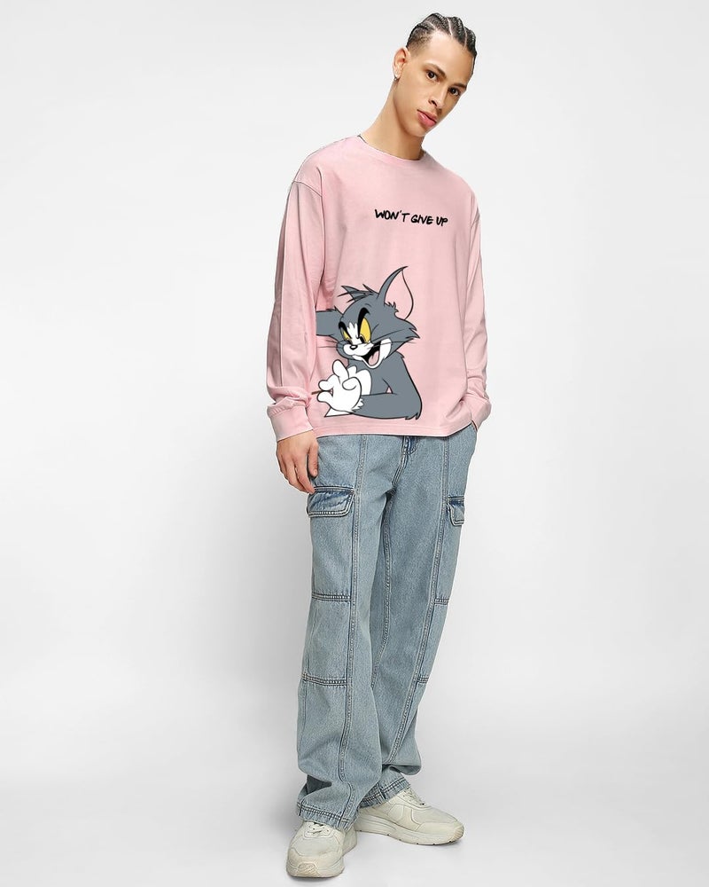 Bewakoof Men's Tom Chase Graphic Print Cotton T-Shirt- Oversized Fit, Round Neck, Full Sleeves 581117_Pink_3XL - Image 5