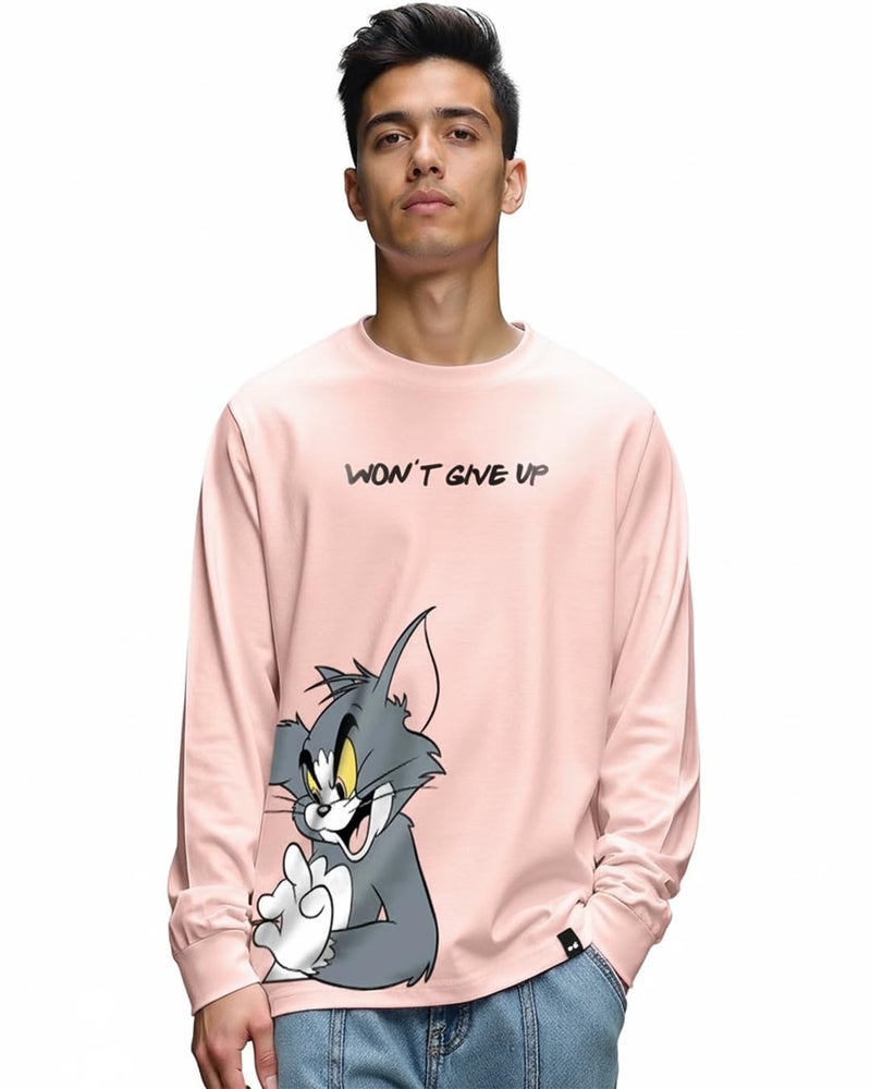 Bewakoof Men's Tom Chase Graphic Print Cotton T-Shirt- Oversized Fit, Round Neck, Full Sleeves 581117_Pink_3XL - Image 1