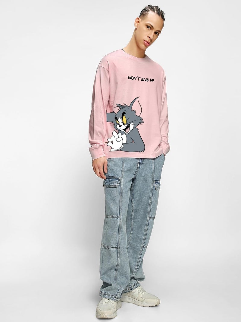 Bewakoof Men's Tom Chase Graphic Print Cotton T-Shirt- Oversized Fit, Round Neck, Full Sleeves 581117_Pink_3XL - Image 3
