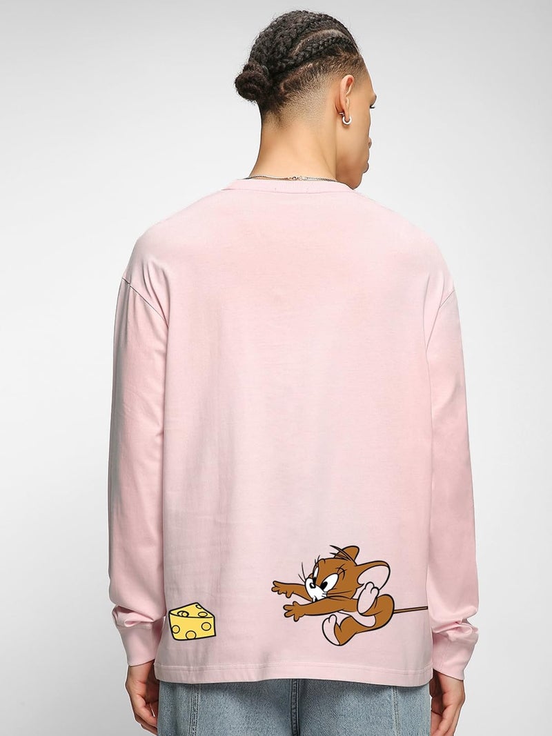 Bewakoof Men's Tom Chase Graphic Print Cotton T-Shirt- Oversized Fit, Round Neck, Full Sleeves 581117_Pink_3XL - Image 2
