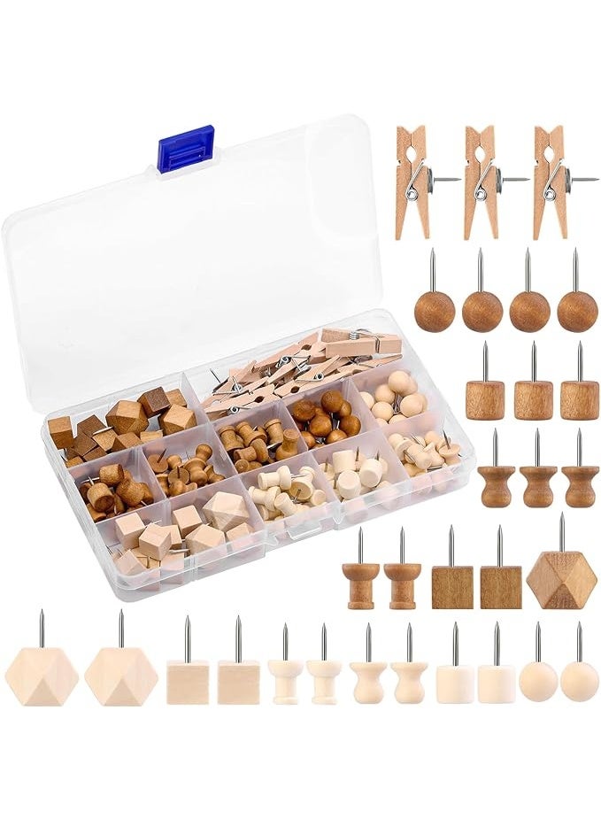 Generic 114 Pcs Wood Push Pins, 2 Colors and 7 Types Decorative Thumb Tacks Wooden Head Pin Map Tacks Marking Pin, Wood Thumb Tacks Decorative for Bulletin Boards Craft Projects with Storage Box  - Image 1