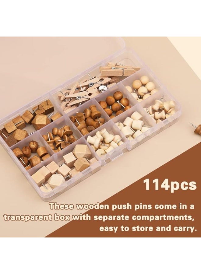 Generic 114 Pcs Wood Push Pins, 2 Colors and 7 Types Decorative Thumb Tacks Wooden Head Pin Map Tacks Marking Pin, Wood Thumb Tacks Decorative for Bulletin Boards Craft Projects with Storage Box  - Image 3