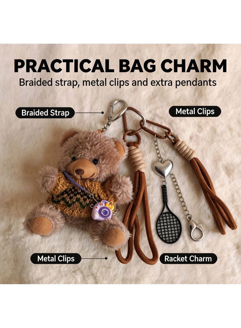 Teeny Baby Plush Teddy Bear Keychain Accessory Set with Camera & Tennis Racket Charms - Image 2