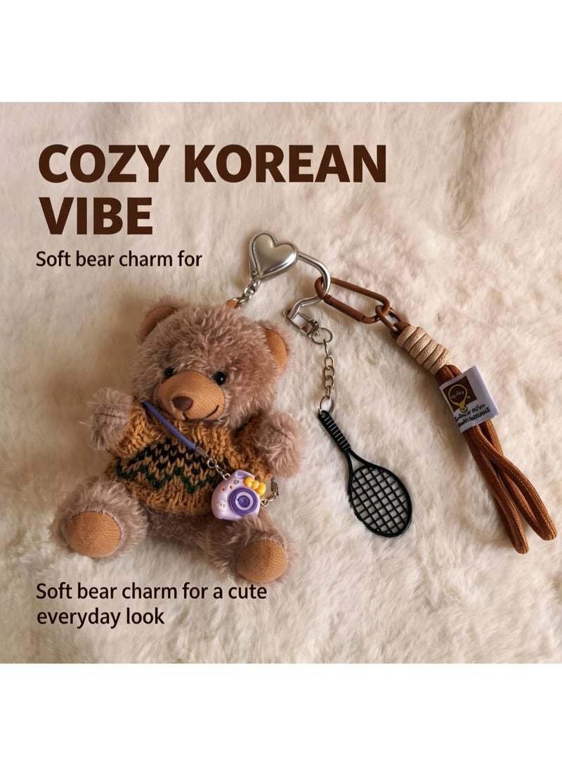 Teeny Baby Plush Teddy Bear Keychain Accessory Set with Camera & Tennis Racket Charms - Image 1