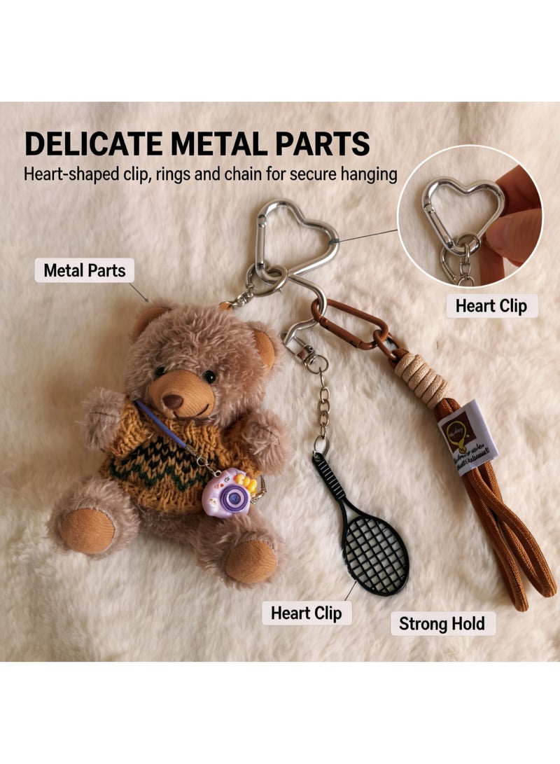 Teeny Baby Plush Teddy Bear Keychain Accessory Set with Camera & Tennis Racket Charms - Image 5