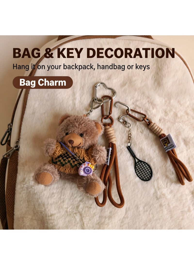 Teeny Baby Plush Teddy Bear Keychain Accessory Set with Camera & Tennis Racket Charms - Image 4