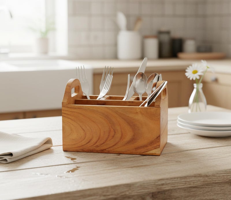 ESPLANADE Wooden Cutlery Spoon Stand for Dining Table Chammach Stand | Multipurpose Cutlery Holder for Kitchen Rack - Wood - L-8" Inches - Brown - Image 2