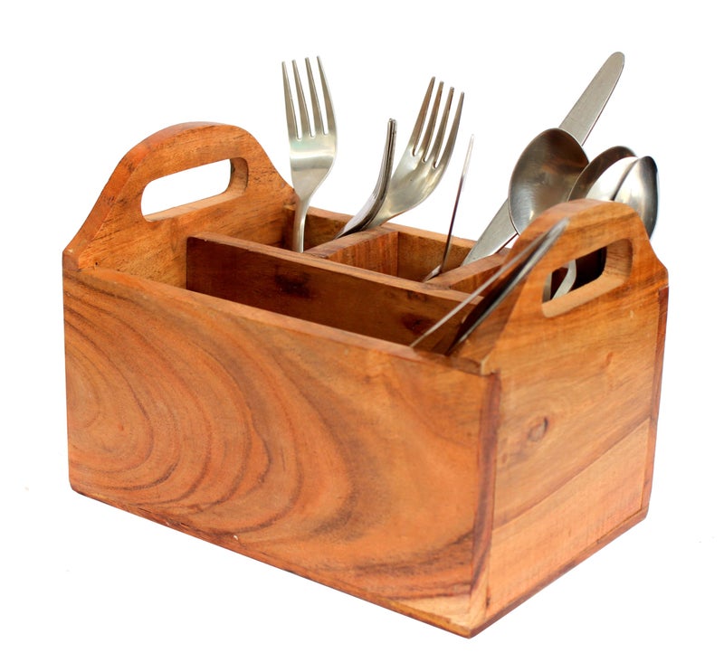 ESPLANADE Wooden Cutlery Spoon Stand for Dining Table Chammach Stand | Multipurpose Cutlery Holder for Kitchen Rack - Wood - L-8" Inches - Brown - Image 1