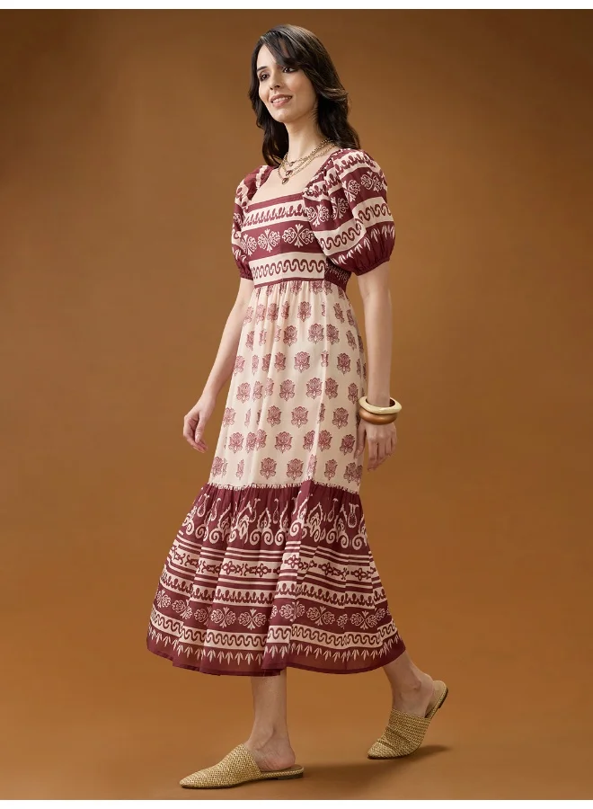 globus Globus Women Maroon Square Neck Puff Sleeves Ethnic Print Smocked Tiered Fit & Flare Midi Dress