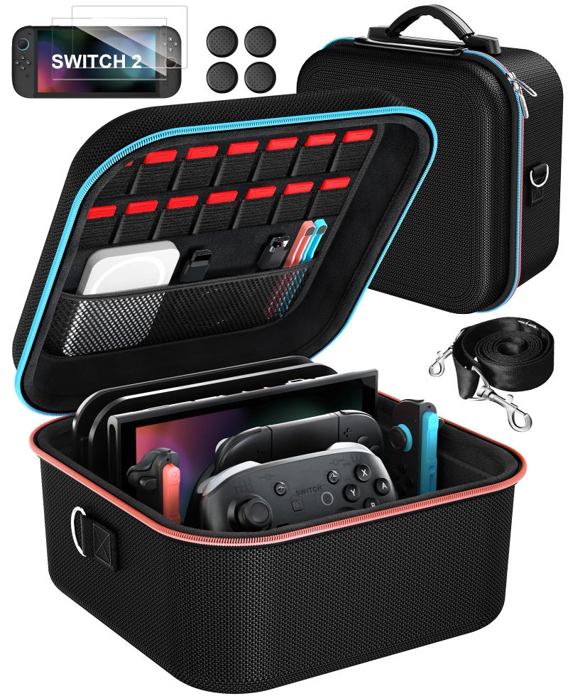 ivoler All-in-One Compact Carrying Case for Nintendo Switch 2(2025),Hard Shell with 2-Pack Screen Protector &2-Set of Thump Grips,Hold 14 Game Cartridges & Includes Strap,Black - Image 1