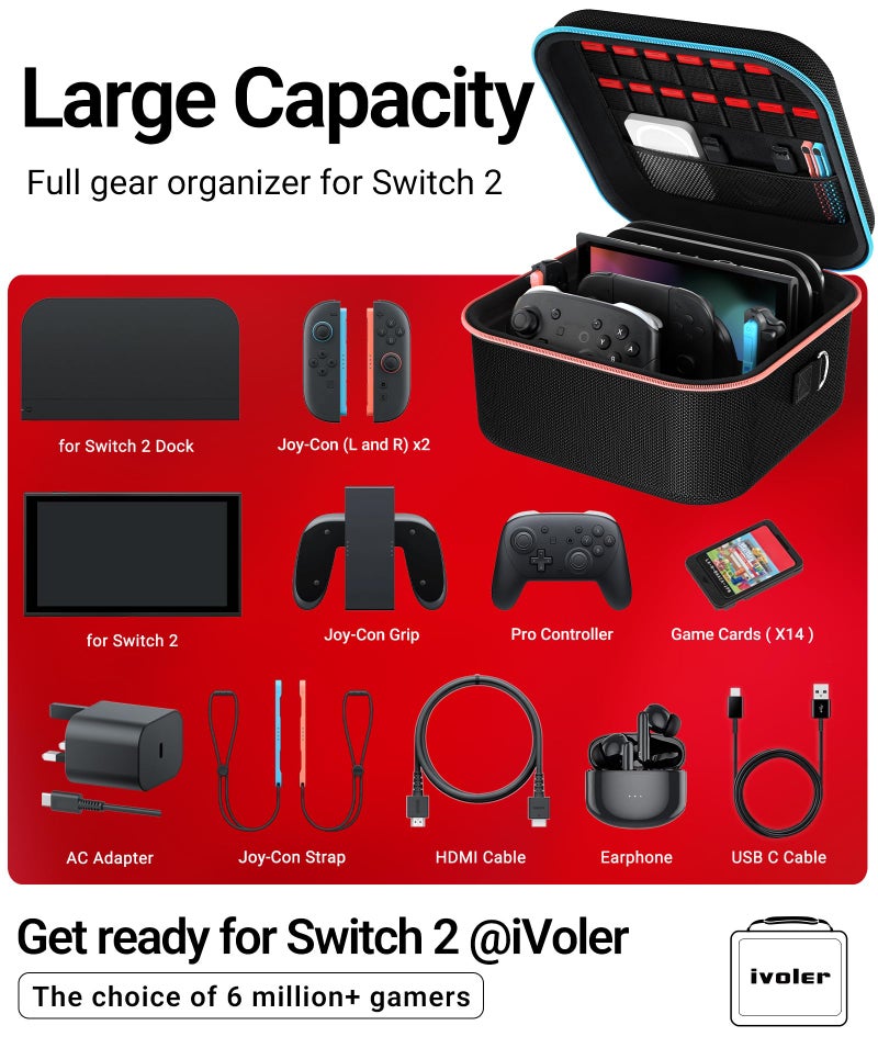 ivoler All-in-One Compact Carrying Case for Nintendo Switch 2(2025),Hard Shell with 2-Pack Screen Protector &2-Set of Thump Grips,Hold 14 Game Cartridges & Includes Strap,Black - Image 4
