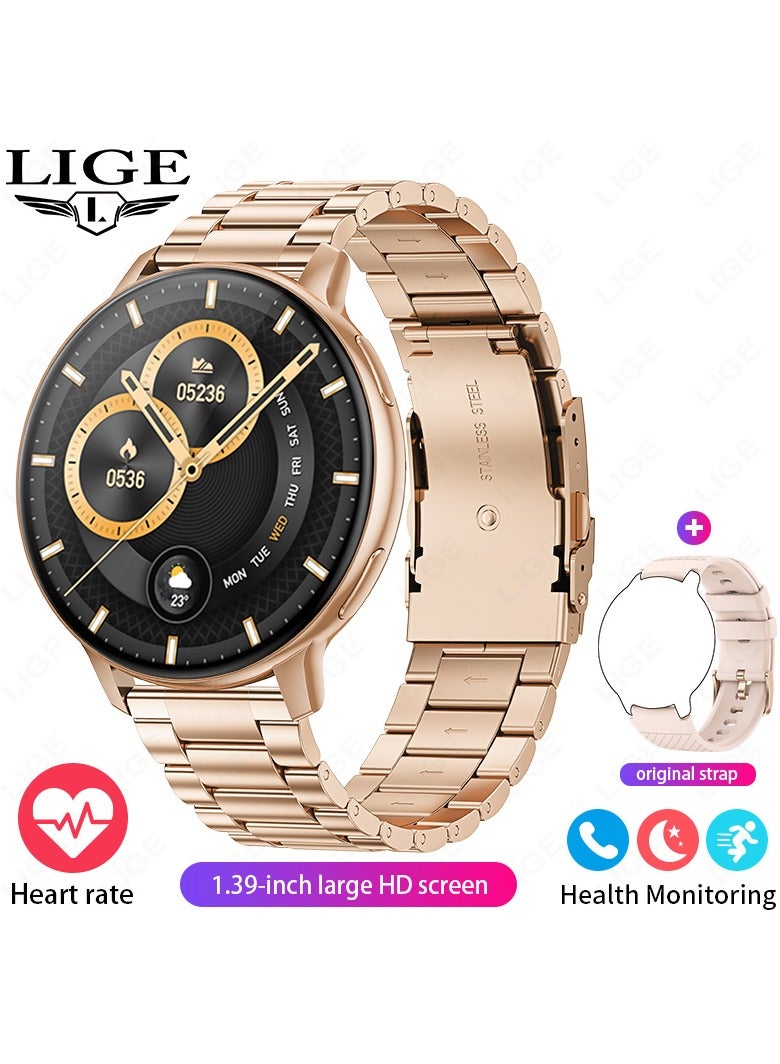 لييج ساعة ذكية أنيقة للنساء، شاشة لمس كاملة 1.39 بوصة IPS، اتصال لاسلكي، مقاومة للماء IP67، متتبع رياضي، ساعات ذكية لمراقبة الصحة، مناسبة للسيدات، حزام وردي من السيليكون والمعدن - Image 1
