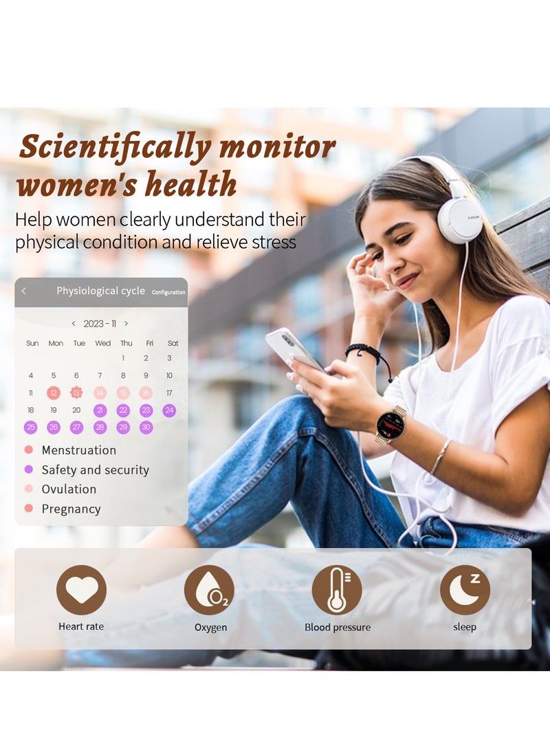 لييج ساعة ذكية أنيقة للنساء، شاشة لمس كاملة 1.39 بوصة IPS، اتصال لاسلكي، مقاومة للماء IP67، متتبع رياضي، ساعات ذكية لمراقبة الصحة، مناسبة للسيدات، حزام وردي من السيليكون والمعدن - Image 4