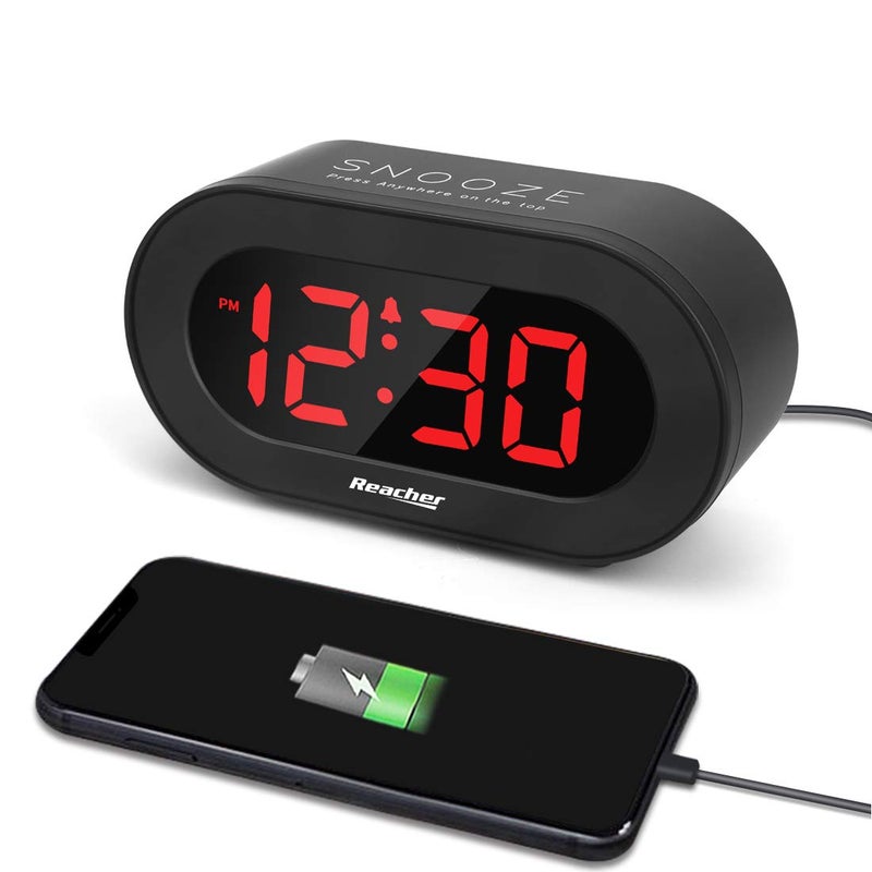 REACHER Small LED Digital Alarm Clock with Simple Operation Full Range Brightness Dimmer USB Phone Charger Port Easy Snooze Adjustable Alarm Volume Outlet Powered for Bedrooms BedsideBlack