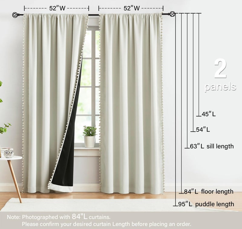 Treatmentex Natural Blackout Curtains for Bedroom Living Room 84inch Long Iovry/Beige Pom Pom Curtain Panels for Windows Thermal Insulated Curtains for Kids Nursery Room Rod Pocket 52" W x 2pcs - Image 5