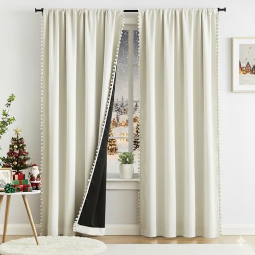 Treatmentex Natural Blackout Curtains for Bedroom Living Room 84inch Long Iovry/Beige Pom Pom Curtain Panels for Windows Thermal Insulated Curtains for Kids Nursery Room Rod Pocket 52" W x 2pcs - Image 2
