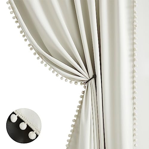 Treatmentex Natural Blackout Curtains for Bedroom Living Room 84inch Long Iovry/Beige Pom Pom Curtain Panels for Windows Thermal Insulated Curtains for Kids Nursery Room Rod Pocket 52" W x 2pcs - Image 1