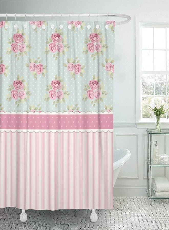 ArtSocket Shower Curtain Pink Colorful Cute Shabby Chic Roses and Polka Dots Home Bathroom Decor Polyester Fabric Waterproof 72 x 72 Inches Set with Hooks - Image 2