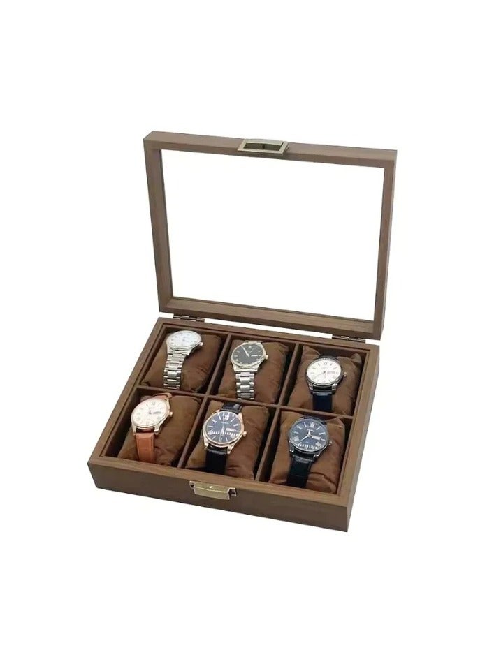 Wooden Watch Organizer Box 6 Slot With Glass Cover-Brown Velvet Inside - Image 1