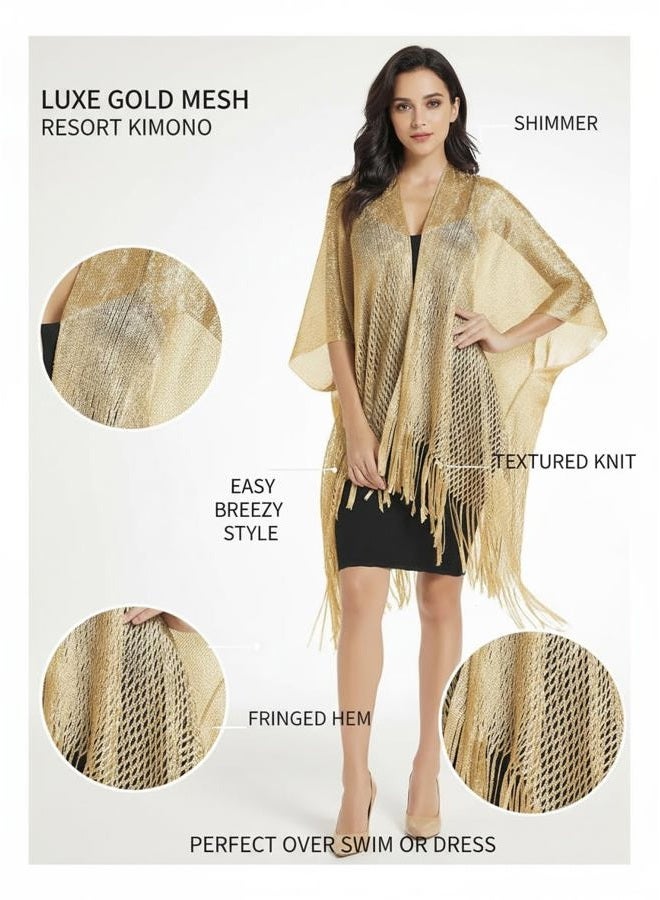 Rheane Womens Large Metallic Shawls and Wraps Kimono Cardigan, A. Dark Gold, L - Image 4