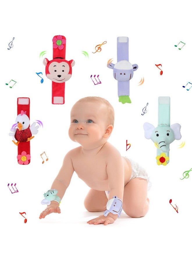 Jerify 4 Pieces Baby Wrist Rattles Animal Pattern Newborn Rattle Foot Rattles Toy For Babies Boy Girl Infant Birthday Gifts Educational Toys 4 Designs (Sheep Dog Chick Monkey) - Image 1