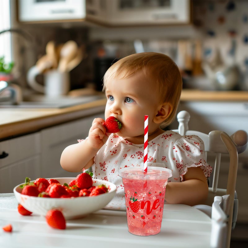 Whaline 50Pcs Strawberry Disposable Plastic Cups with Lids and Straws 12oz Party Cups Sweet One Berry Cold Beverage Drinking Cups for First Birthday Summer Fruit Party - Image 5