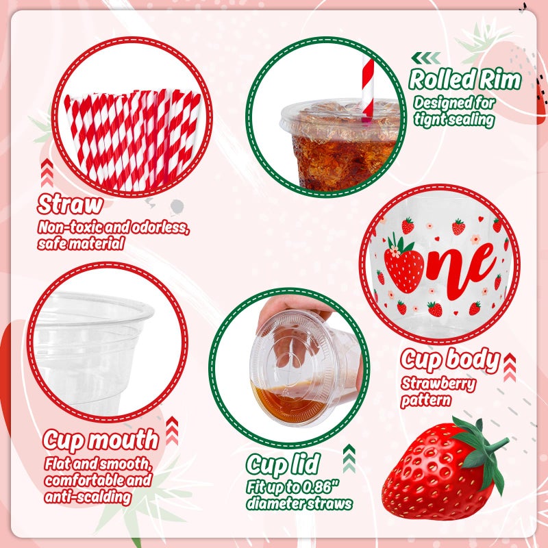 Whaline 50Pcs Strawberry Disposable Plastic Cups with Lids and Straws 12oz Party Cups Sweet One Berry Cold Beverage Drinking Cups for First Birthday Summer Fruit Party - Image 3