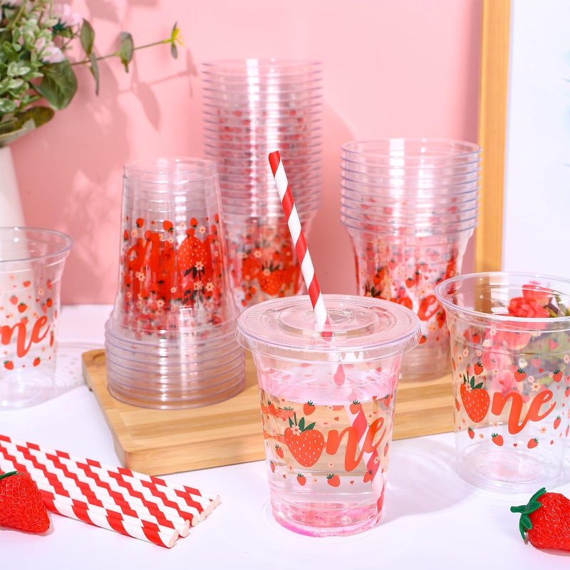 Whaline 50Pcs Strawberry Disposable Plastic Cups with Lids and Straws 12oz Party Cups Sweet One Berry Cold Beverage Drinking Cups for First Birthday Summer Fruit Party - Image 4