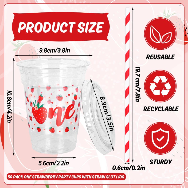 Whaline 50Pcs Strawberry Disposable Plastic Cups with Lids and Straws 12oz Party Cups Sweet One Berry Cold Beverage Drinking Cups for First Birthday Summer Fruit Party - Image 2