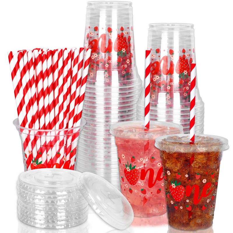 Whaline 50Pcs Strawberry Disposable Plastic Cups with Lids and Straws 12oz Party Cups Sweet One Berry Cold Beverage Drinking Cups for First Birthday Summer Fruit Party - Image 1