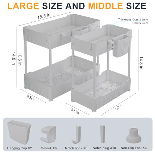Sevenblue 2 Pack Under Sink Organizer, Under Bathroom Cabinet Organizer with Hooks Hanging Cup, Multi-Purpose Storage Shelf for Kitchen Bathroom (Gray, 14.8 Inch) - Image 2