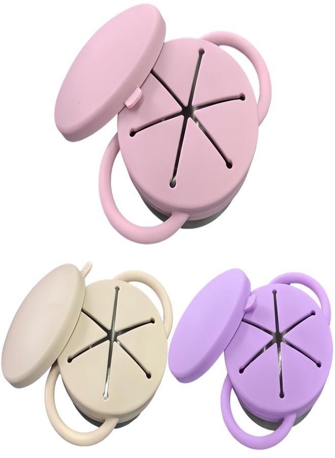 Frezonika 3 Pack Spill Proof Snack Cups For Toddlers, Stainless Steel Toddler Snack Cup No-Spill, 9 Oz Baby Snack Containers Dishwasher Safe, Food Grade Silicone Lids & Handle (Pink Purple Beige) - Image 1
