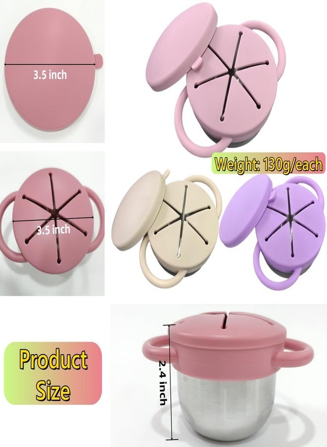 Frezonika 3 Pack Spill Proof Snack Cups For Toddlers, Stainless Steel Toddler Snack Cup No-Spill, 9 Oz Baby Snack Containers Dishwasher Safe, Food Grade Silicone Lids & Handle (Pink Purple Beige) - Image 5