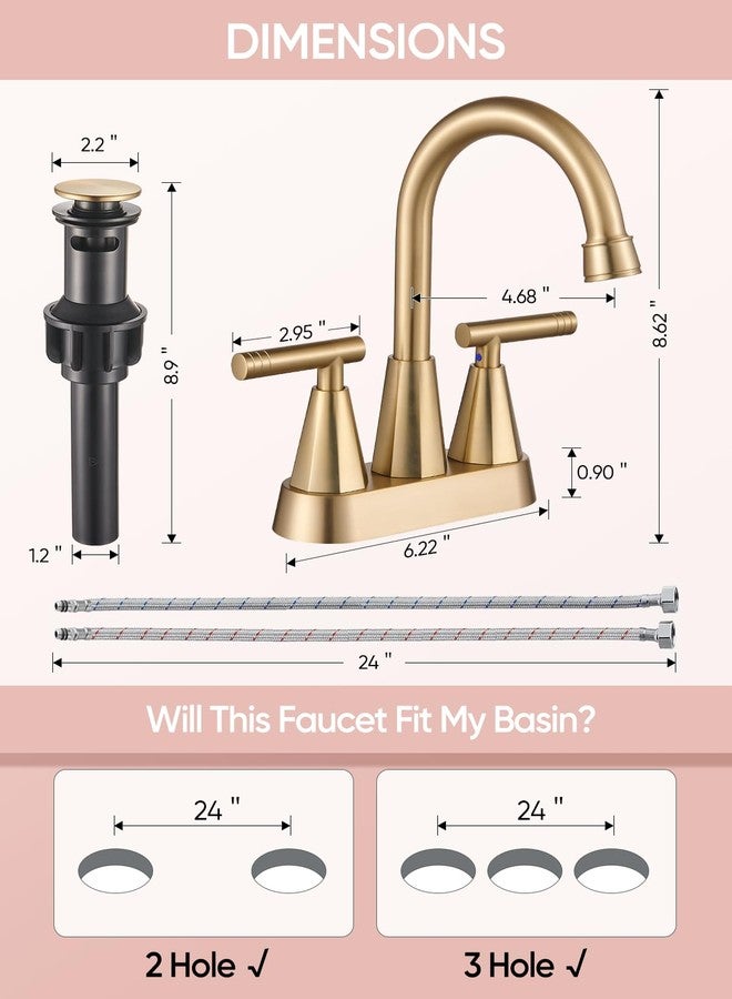 Cobbe Brushed Gold Bathroom Faucets, 4-Inch Bathroom Sink Faucet, 2 Handle Sink Faucet with Pop Up Drain and Water Supply Lines, Gold - Image 4