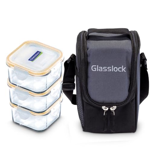 Glasslock Korea Tempered Glass Lunch Box for Office Use - Square, 490ml, Set of 2 - Airtight Glass Tiffin Box With Carry Bag for Office for Men & Women - Microwave/Dishwasher/Fridge/Freezer Safe - Image 1