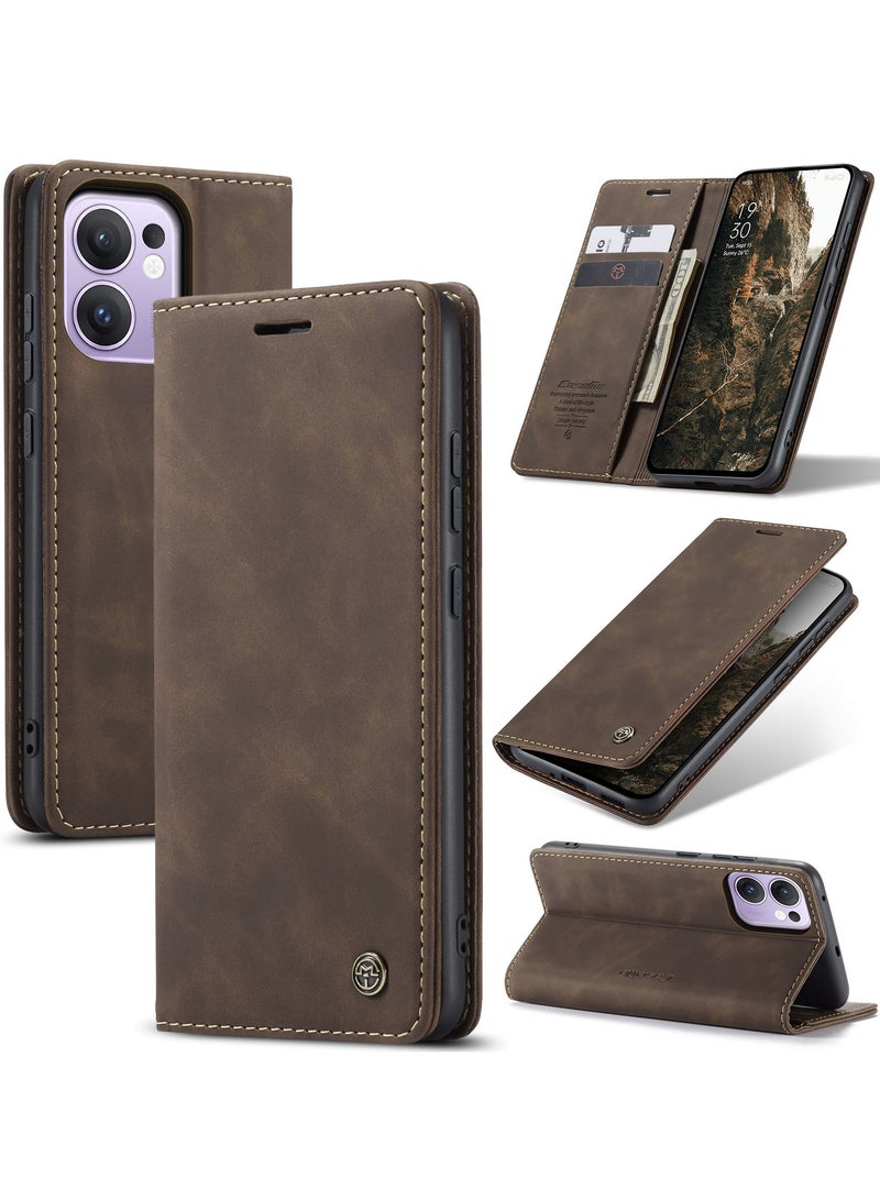CaseMe Phone Case Luxury PU Leather Design 013 Flip Cover Card Slot Holder Cover For Oppo Reno 13F (Coffe) - Image 1