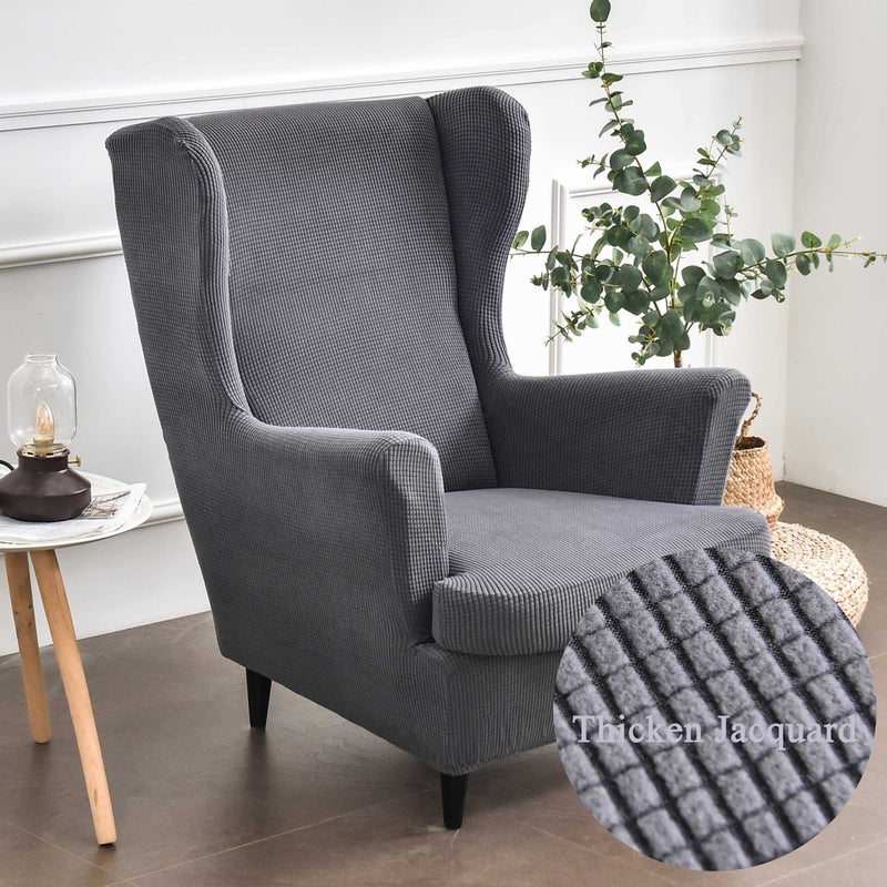 Highdi Wingback Chair Covers 2 Piece Stretch Wing Chair Slipcover Solid color Jacquard Thicken Strandmon Sofa Cover Furniture Protector for Armchair Chairs Living Room Bedroom Hotel anthracite