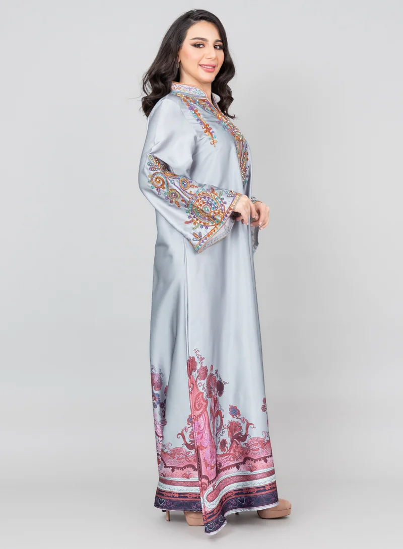 اكسا جلابية مطرزة عصرية IK1014 رمادي
