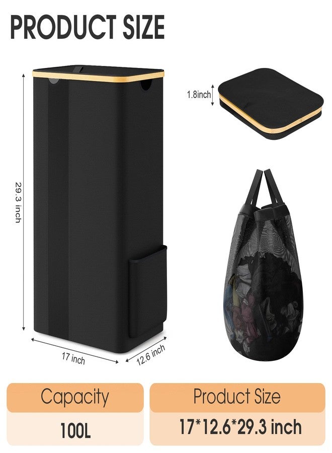 SpaceTrove Laundry Basket Clothes Hamper with Lid and Removable Bag Large Collapsible Laundry Baskets with Handle, Freestanding Hampers for Bedroom Aesthetic, Dorm, Bathroom, Laundry Room 100L (Black) - Image 2