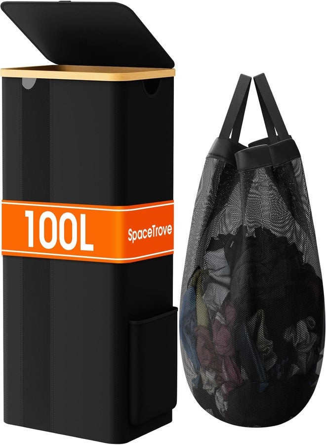 SpaceTrove Laundry Basket Clothes Hamper with Lid and Removable Bag Large Collapsible Laundry Baskets with Handle, Freestanding Hampers for Bedroom Aesthetic, Dorm, Bathroom, Laundry Room 100L (Black) - Image 1