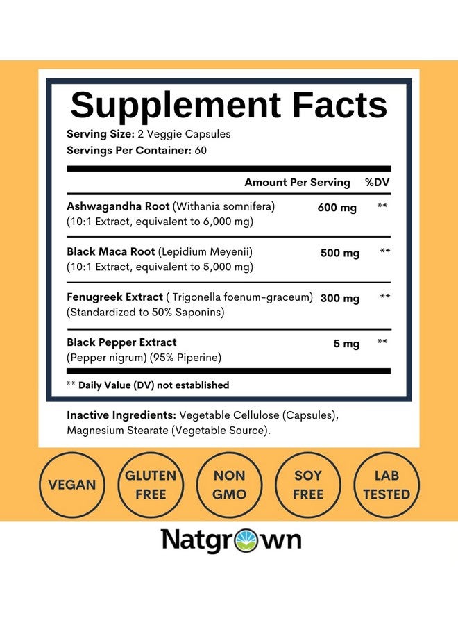 Natgrown Ashwagandha Maca Root Fenugreek Extract Capsules Supplement for Men & Women - Vegan Pills - (120 Count) - Image 4