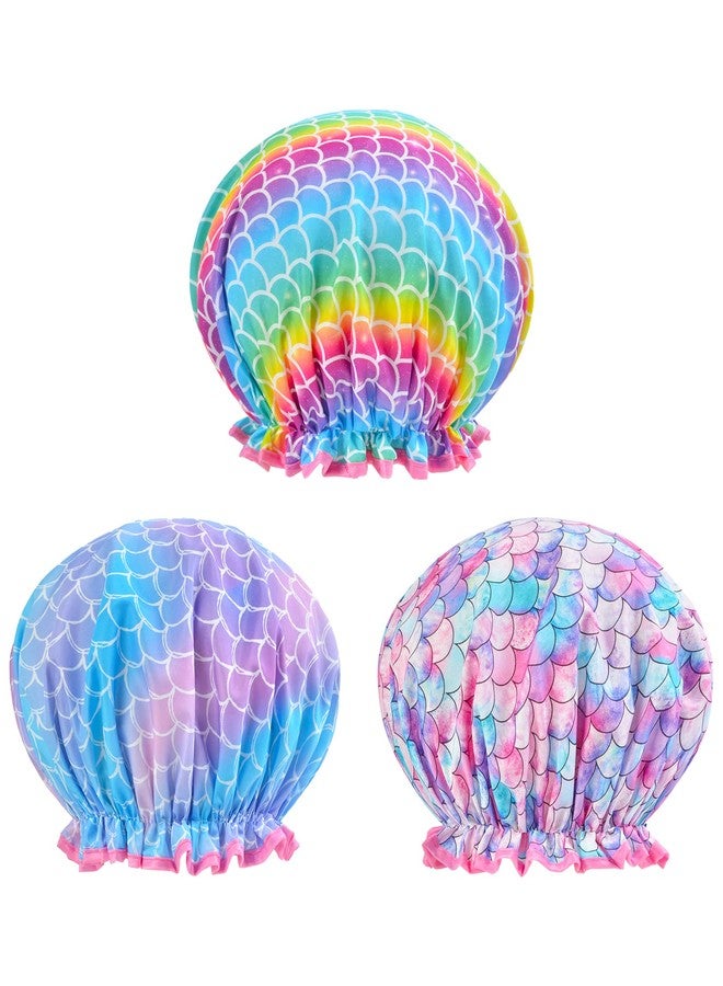 Olypegic Kids Shower Cap, 3 Pcs Girls Shower Cap for Kids Reusable Waterproof Adjustable Large Hair Cap Unicorn Mermaid Rainbow Cute Hair Cover Hat - Image 2