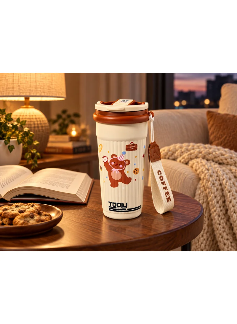 Tooly 600ml Stainless Steel Vacuum Insulated Travel Coffee Tumbler Flask with Handle, Straw & Flip Lid – Cute Brown Bear Graphic, 304 Food-Grade Double Wall Hot (12h) & Cold (24h) Water Bottle, BPA Free (Cream & Brown)