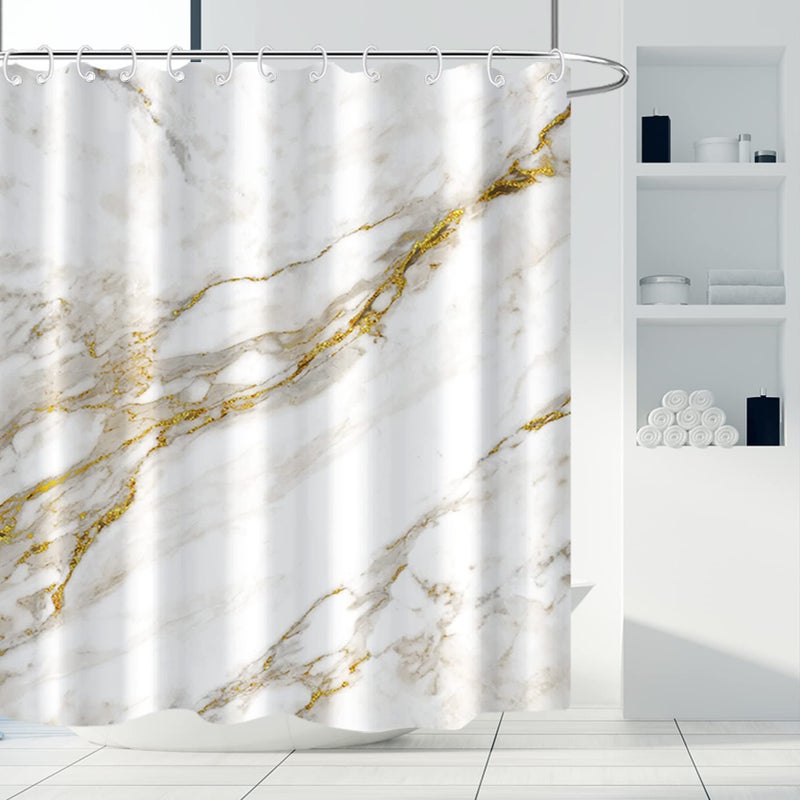 AWERT Abstract Minimalism White and Gold Ink Art Marble Shower Curtain for Bathroom Modern High Definition Printing Waterproof Shower Curtain with Hooks Bathroom Decor 72x72inch - Image 1