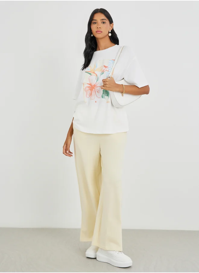 تايك تو Take Two Graphic Print Round Neck Oversized T-Shirt